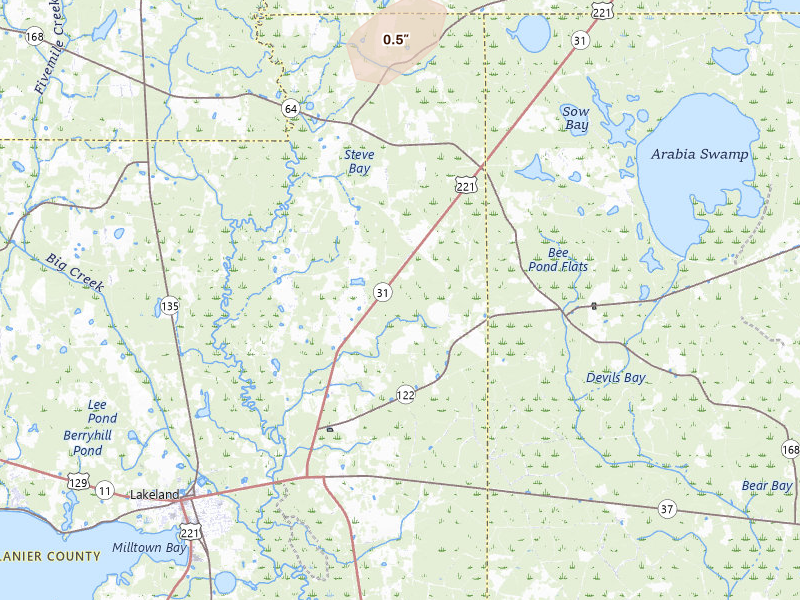 Radar-estimated hail-size map of the storm over Lakeland, GA on May 29, 2026