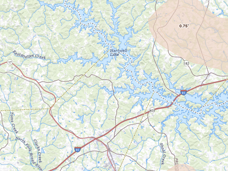 Radar-estimated hail-size map of the storm over Lavonia, GA on Jul 2, 2026