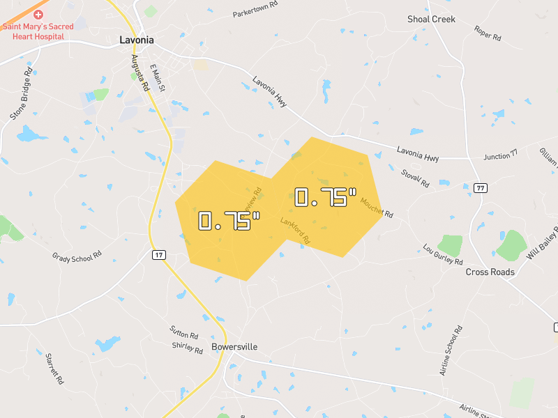 Hail map of Lavonia, GA on Jul 2, 2026, hail up to 0.75"