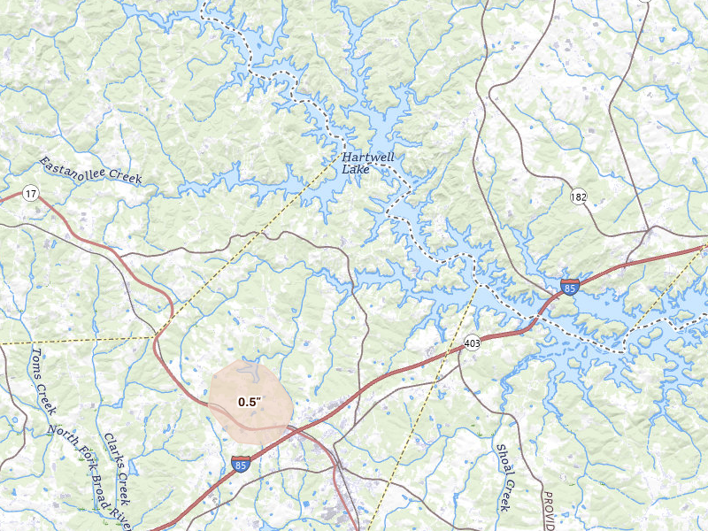 Radar-estimated hail-size map of the storm over Lavonia, GA on Jul 17, 2026