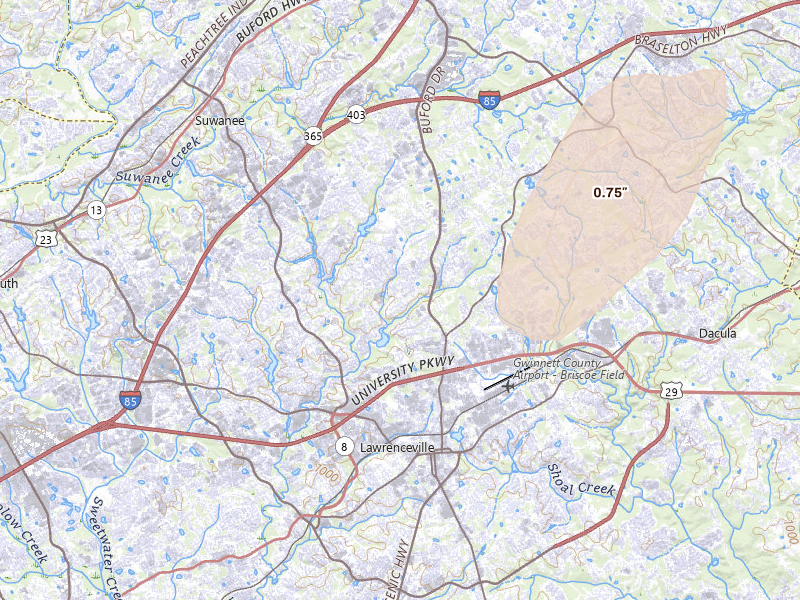 Radar-estimated hail-size map of the storm over Lawrenceville, GA on Mar 6, 2026