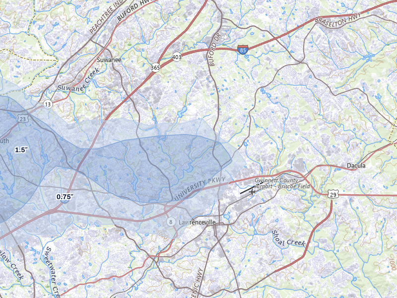 NEXRAD radar-signature map of the hail storm over Lawrenceville, GA on Jul 3, 2026