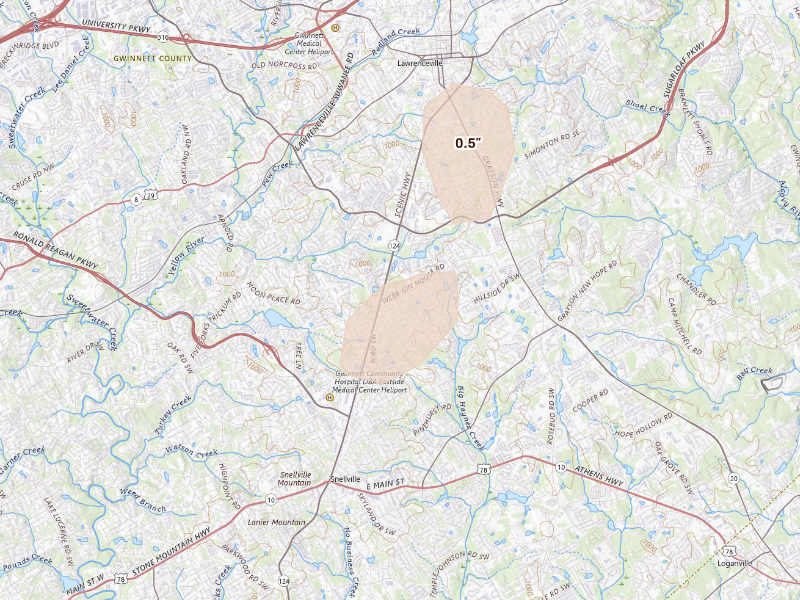 Radar-estimated hail-size map of the storm over Lawrenceville, GA on Sep 19, 2026