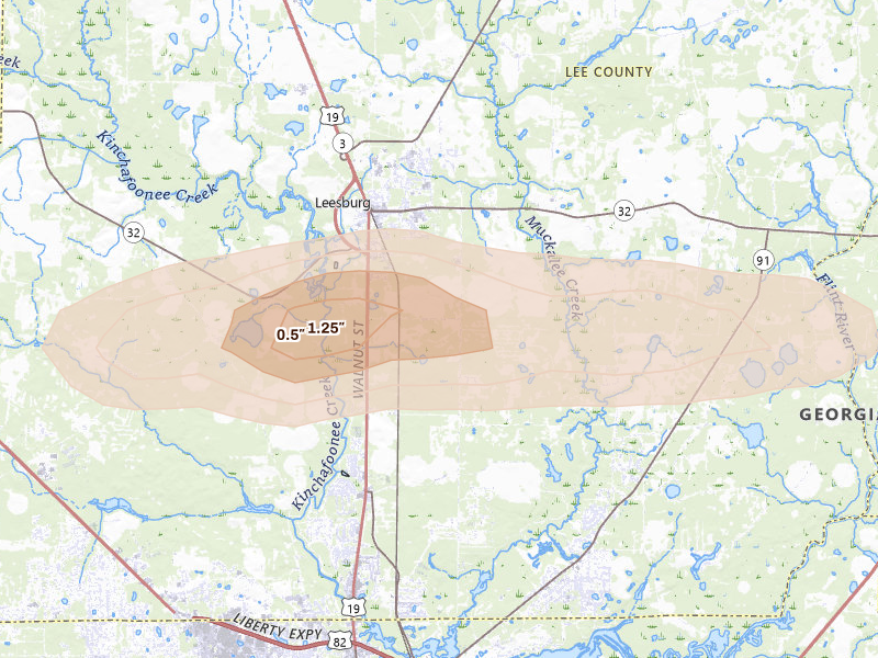Radar-estimated hail-size map of the storm over Leesburg, GA on Jan 3, 2026