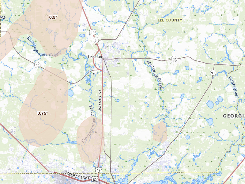 Radar-estimated hail-size map of the storm over Leesburg, GA on May 22, 2026
