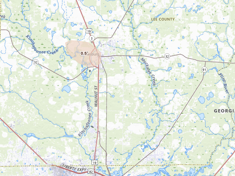 Radar-estimated hail-size map of the storm over Leesburg, GA on May 31, 2026