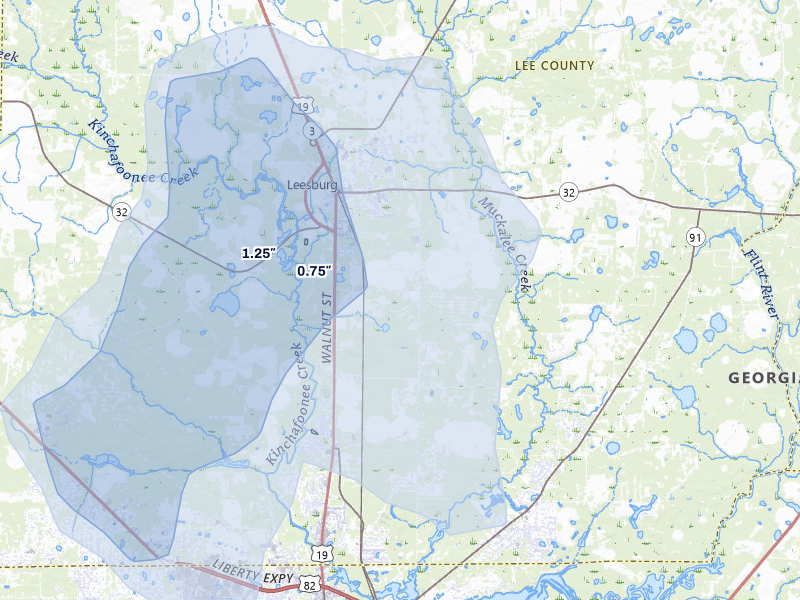 NEXRAD radar-signature map of the hail storm over Leesburg, GA on May 31, 2026
