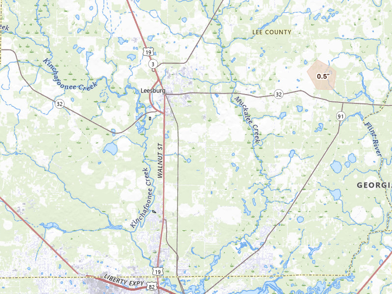 Radar-estimated hail-size map of the storm over Leesburg, GA on Jun 18, 2026