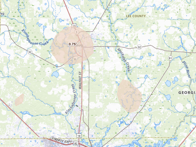 Radar-estimated hail-size map of the storm over Leesburg, GA on Aug 20, 2026