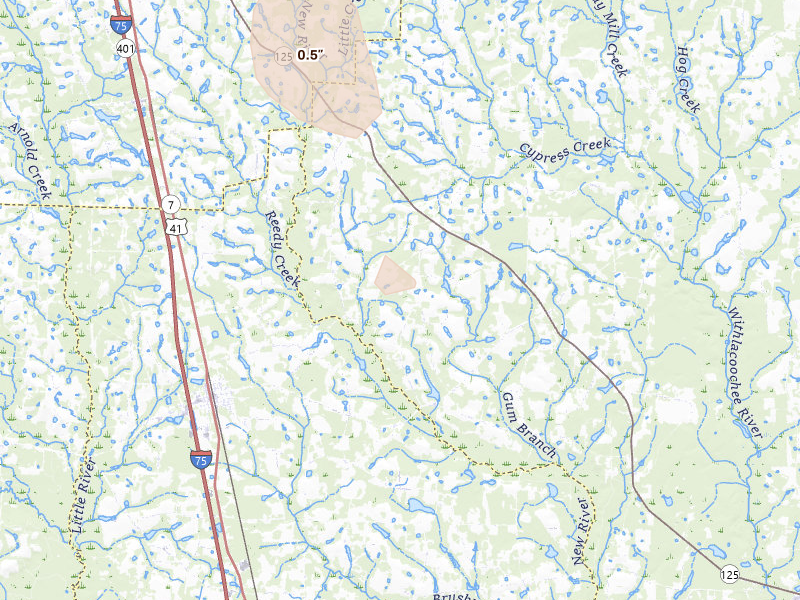 Radar-estimated hail-size map of the storm over Lenox, GA on Apr 3, 2026