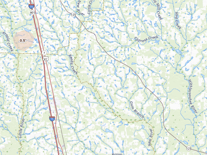 Radar-estimated hail-size map of the storm over Lenox, GA on Jul 18, 2026