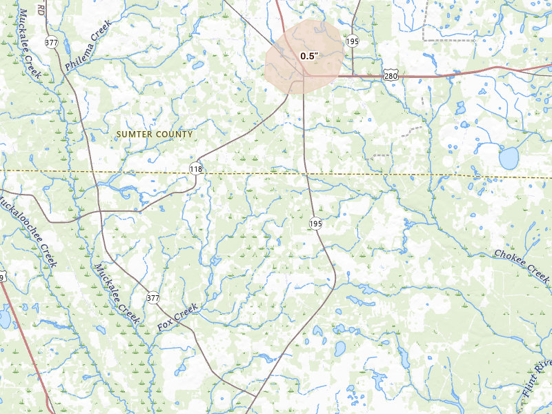 Radar-estimated hail-size map of the storm over Leslie, GA on Jul 9, 2026