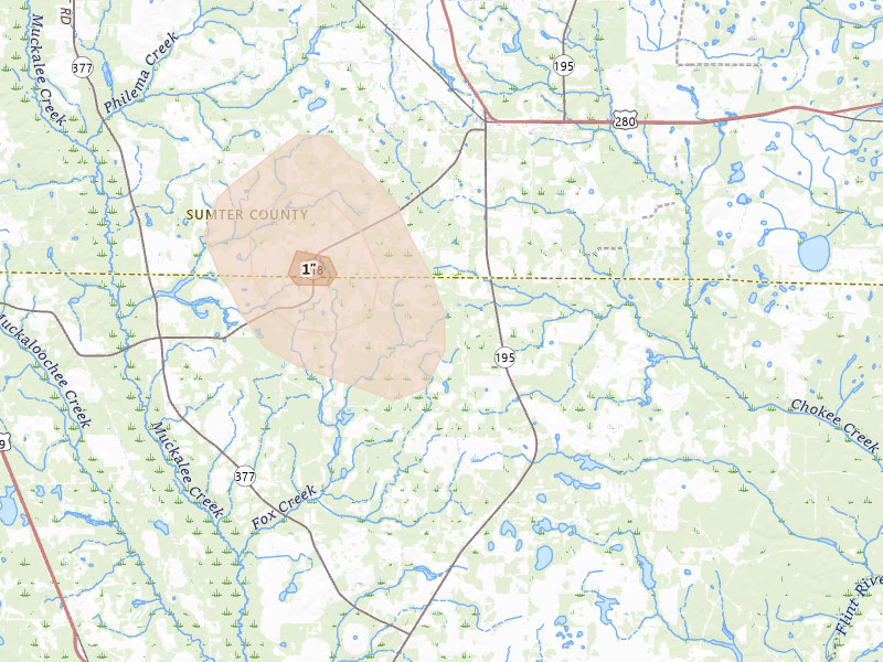 Radar-estimated hail-size map of the storm over Leslie, GA on Jul 29, 2026