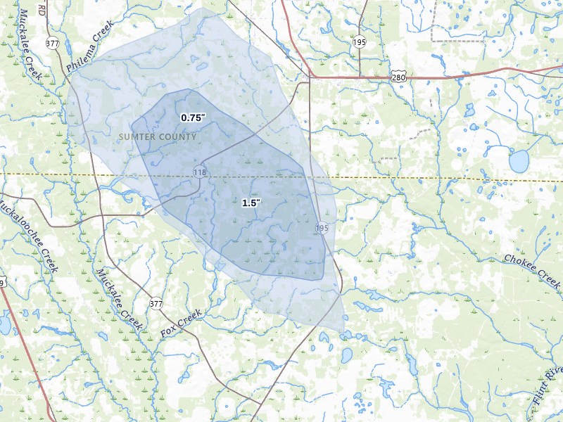 NEXRAD radar-signature map of the hail storm over Leslie, GA on Jul 29, 2026