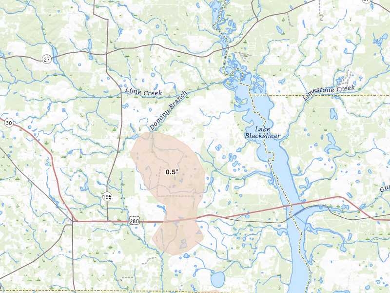 Radar-estimated hail-size map of the storm over Leslie, GA on Aug 21, 2026
