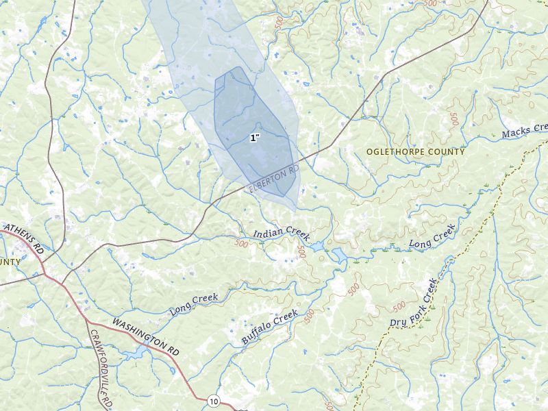NEXRAD radar-signature map of the hail storm over Lexington, GA on Jul 11, 2026