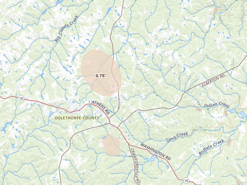 Radar-estimated hail-size map of the storm over Lexington, GA on Aug 4, 2026