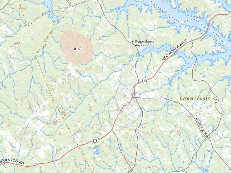 Radar-estimated hail-size map of the storm over Lincolnton, GA on Jul 10, 2026