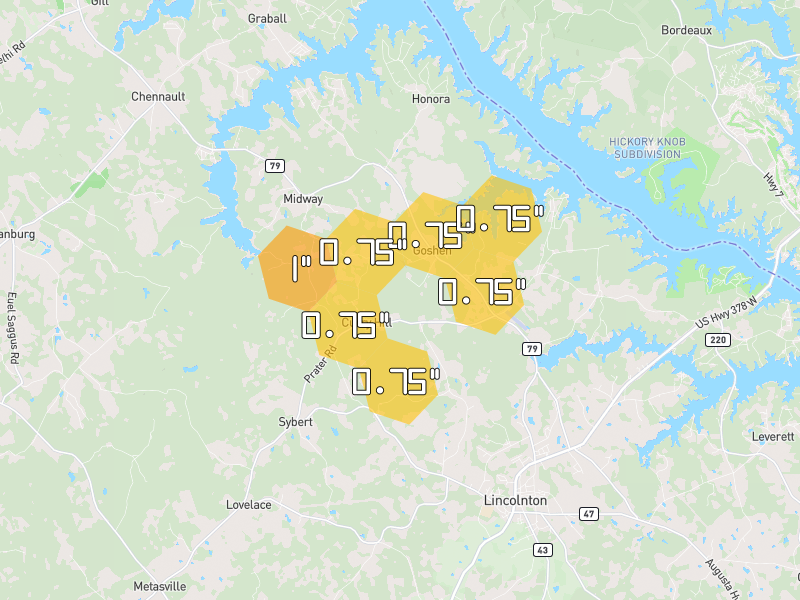 Hail map of Lincolnton, GA on Jul 10, 2026, hail up to 1"