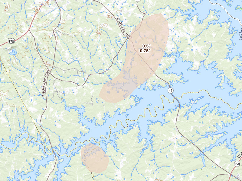 Radar-estimated hail-size map of the storm over Lincolnton, GA on Aug 6, 2026