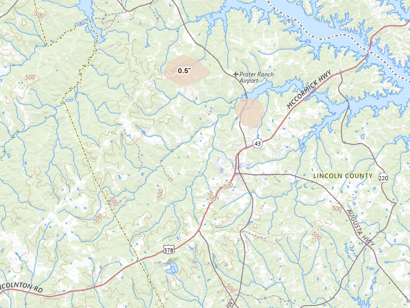 Radar-estimated hail-size map of the storm over Lincolnton, GA on Aug 21, 2026