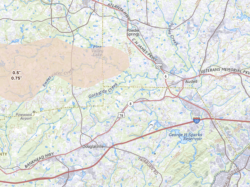 Radar-estimated hail-size map of the storm over Lithia Springs, GA on Jul 2, 2026