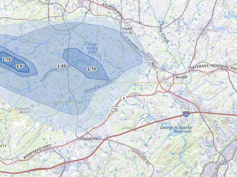 NEXRAD radar-signature map of the hail over Lithia Springs, GA