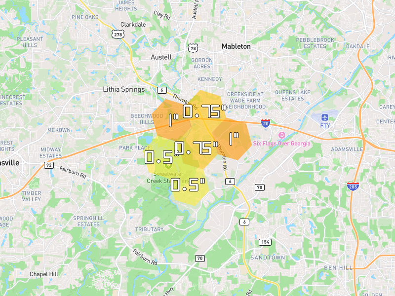 Hail map of Lithia Springs, GA on Jul 3, 2026, hail up to 1"