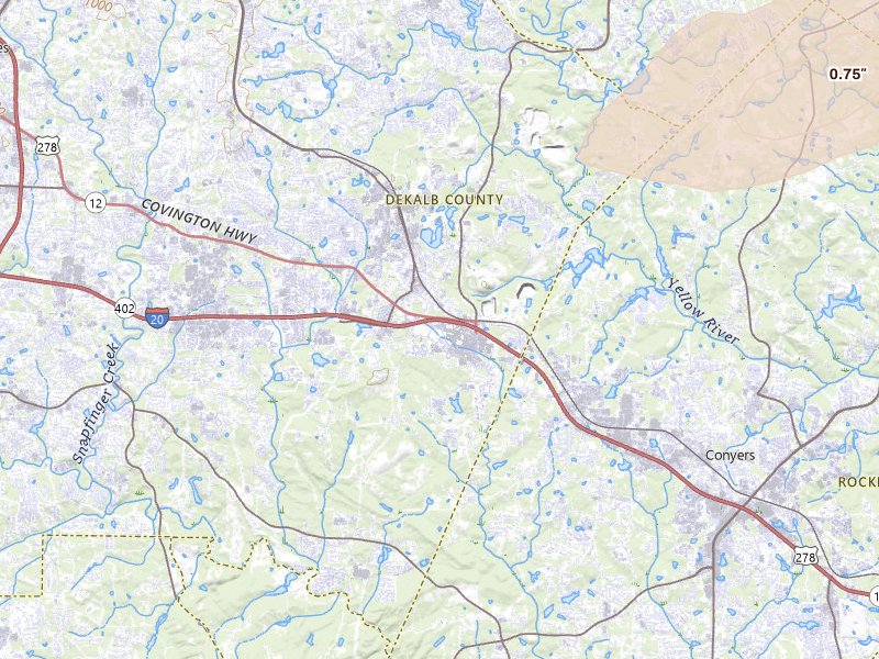 Radar-estimated hail-size map of the storm over Lithonia, GA on Mar 7, 2026