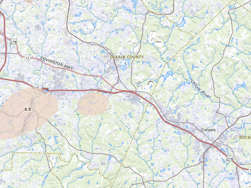 Radar-estimated hail-size map of the storm over Lithonia, GA on Jul 9, 2026