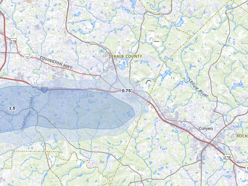 NEXRAD radar-signature map of the hail storm over Lithonia, GA on Jul 9, 2026