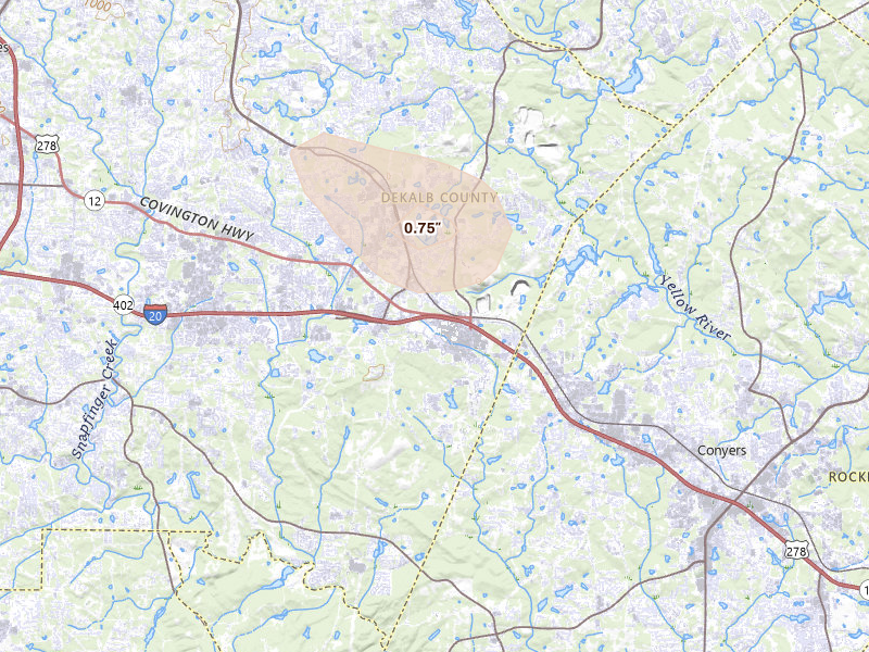 Radar-estimated hail-size map of the storm over Lithonia, GA on Jul 17, 2026
