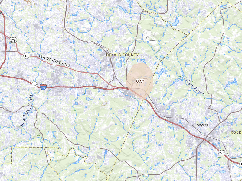 Radar-estimated hail-size map of the storm over Lithonia, GA on Jul 19, 2026