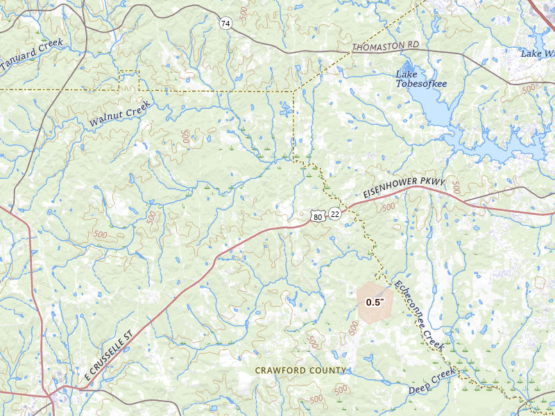 Radar-estimated hail-size map of the storm over Lizella, GA on May 24, 2026