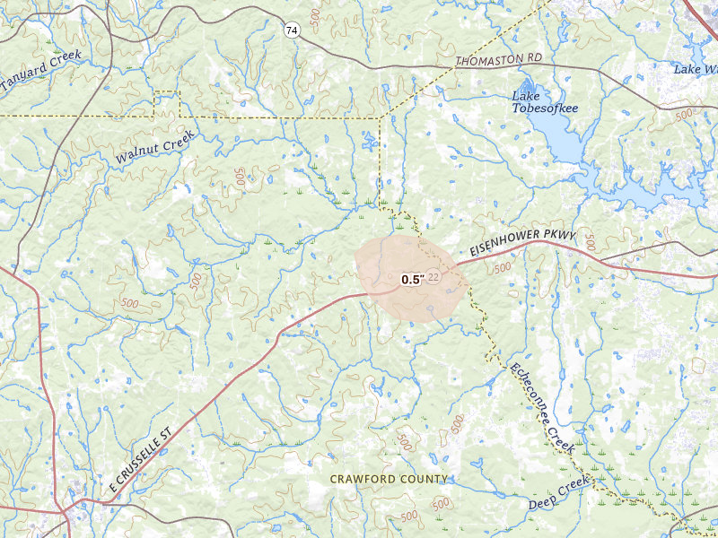Radar-estimated hail-size map of the storm over Lizella, GA on Aug 21, 2026