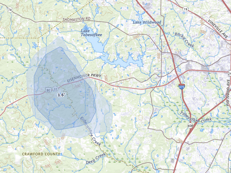 NEXRAD radar-signature map of the hail storm over Lizella, GA on Aug 21, 2026