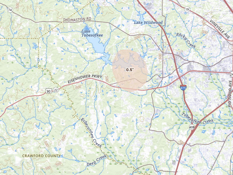 Radar-estimated hail-size map of the storm over Lizella, GA on Aug 27, 2026