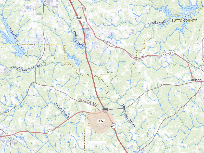 Radar-estimated hail-size map of the storm over Locust Grove, GA on Jun 22, 2026