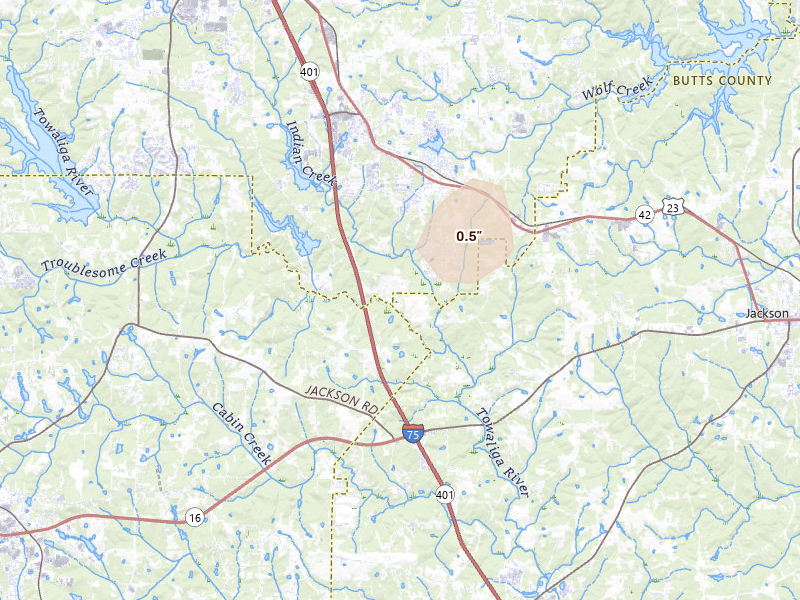 Radar-estimated hail-size map of the storm over Locust Grove, GA on Aug 5, 2026