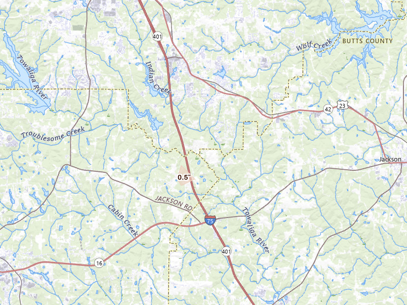 Radar-estimated hail-size map of the storm over Locust Grove, GA on Aug 26, 2026