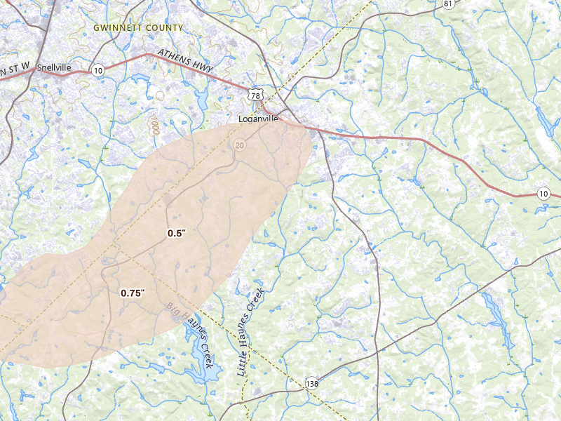 Radar-estimated hail-size map of the storm over Loganville, GA on Mar 7, 2026