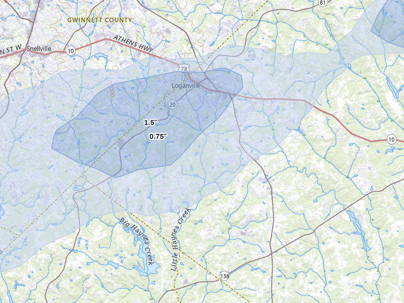 NEXRAD radar-signature map of the hail storm over Loganville, GA on Mar 7, 2026