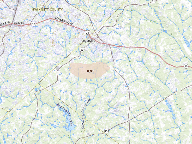 Radar-estimated hail-size map of the storm over Loganville, GA on Jul 12, 2026