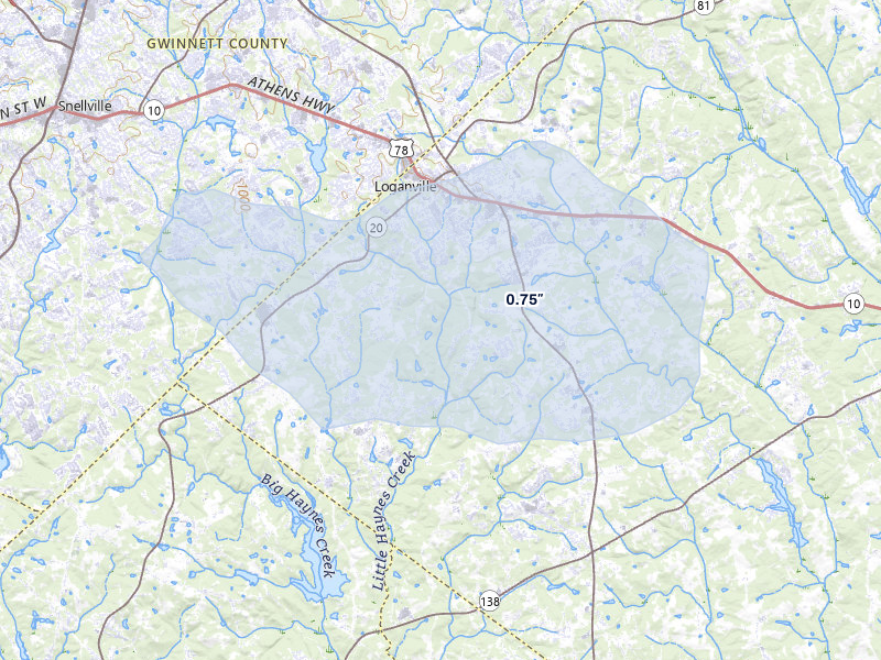 NEXRAD radar-signature map of the hail storm over Loganville, GA on Jul 12, 2026