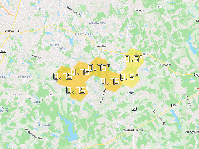 Hail map of Loganville, GA on Jul 12, 2026, hail up to 0.75"