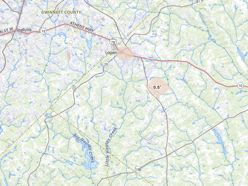 Radar-estimated hail-size map of the storm over Loganville, GA on Jul 16, 2026
