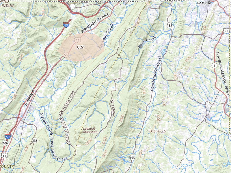 Radar-estimated hail-size map of the storm over Lookout Mountain, GA on Jul 1, 2026