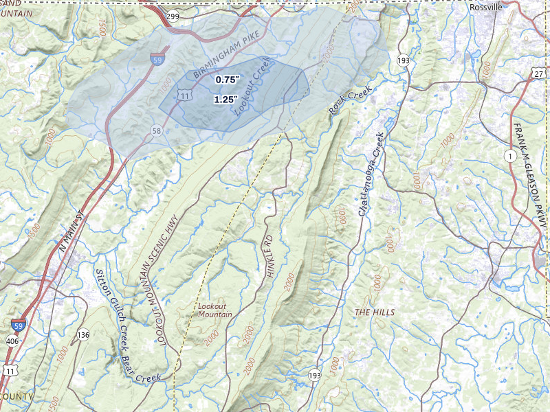 NEXRAD radar-signature map of the hail over Lookout Mountain, GA