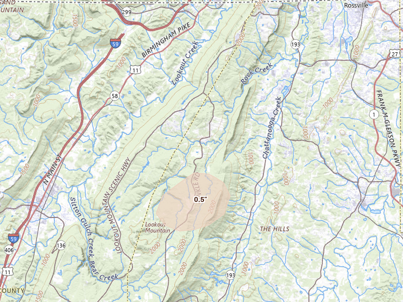 Radar-estimated hail-size map of the storm over Lookout Mountain, GA on Jul 17, 2026