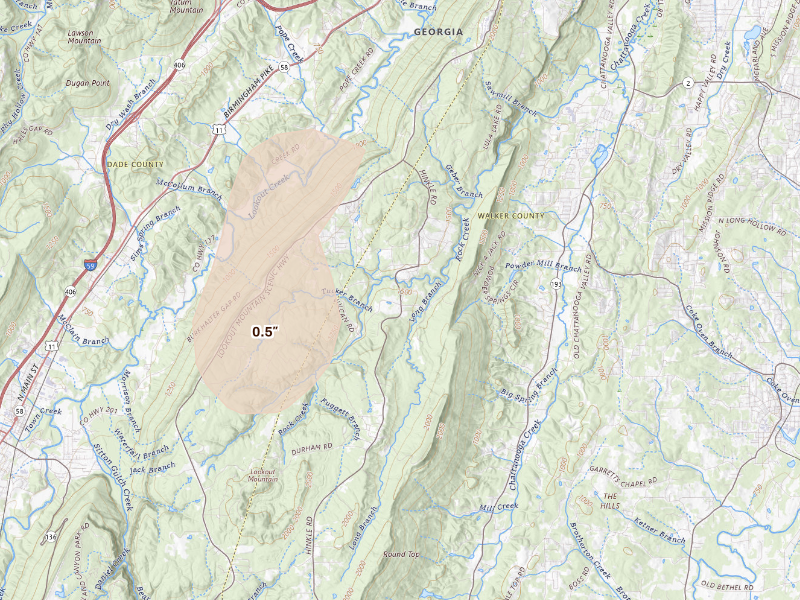 Radar-estimated hail-size map of the storm over Lookout Mountain, GA